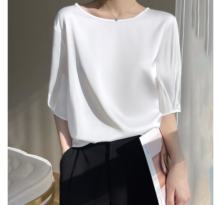 Elbow-Sleeve Boat-Neck Plain Blouse