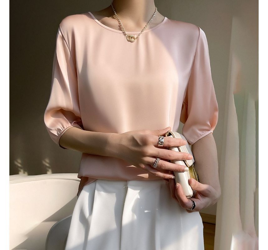 Elbow-Sleeve Boat-Neck Plain Blouse