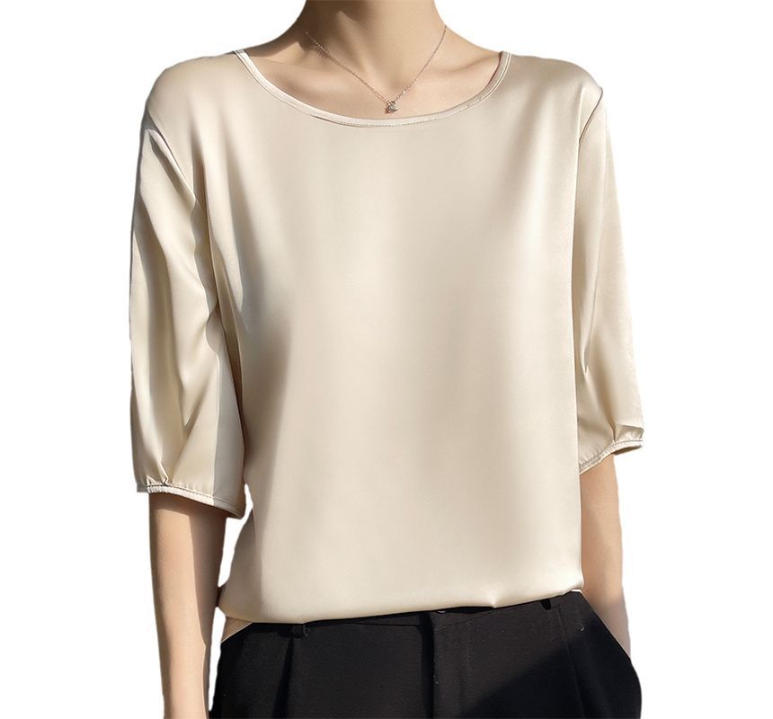 Elbow-Sleeve Boat-Neck Plain Blouse
