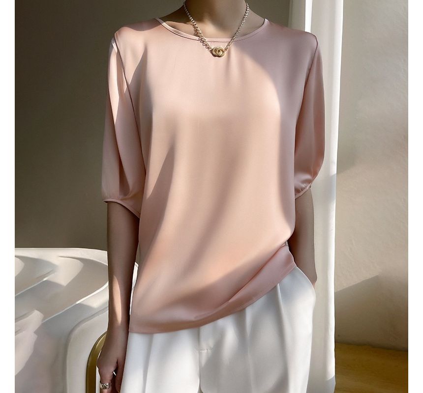 Elbow-Sleeve Boat-Neck Plain Blouse