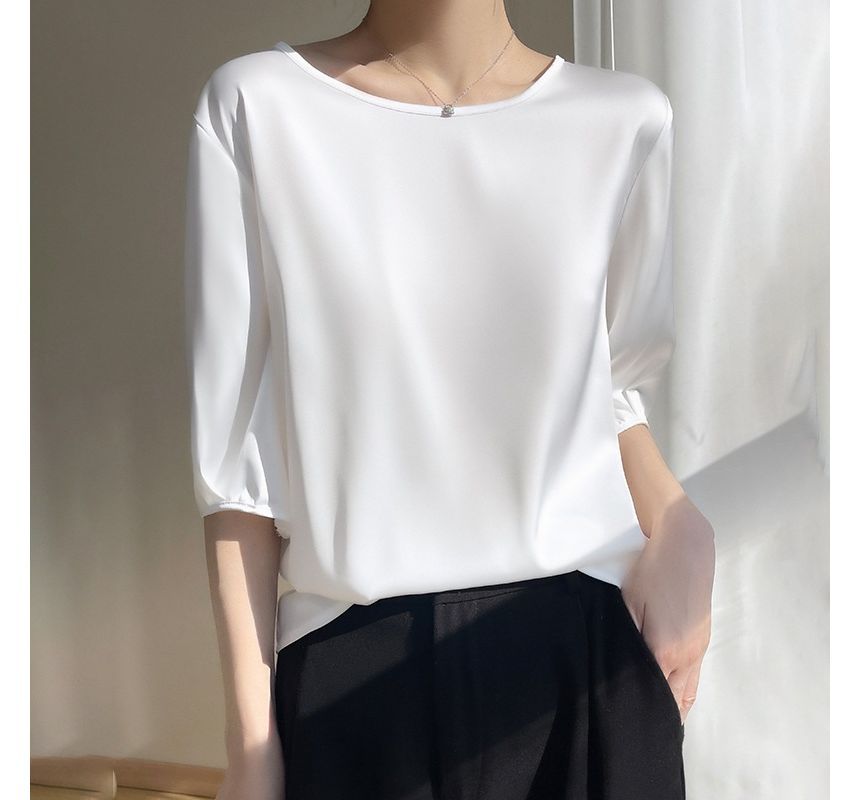 Elbow-Sleeve Boat-Neck Plain Blouse