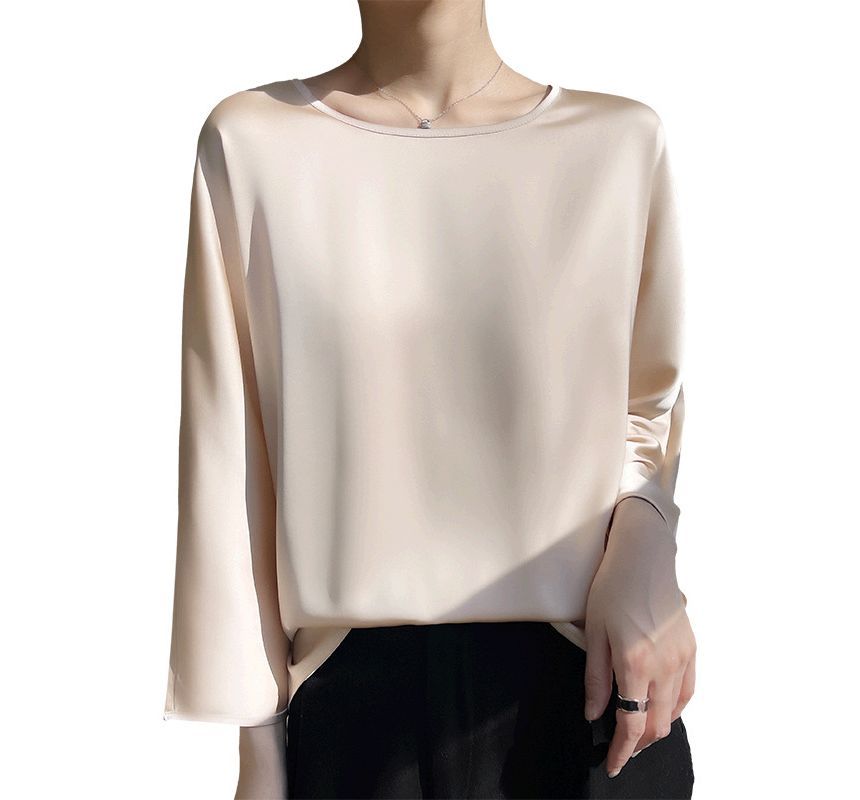 3/4-Sleeve Crew Neck Plain Blouse