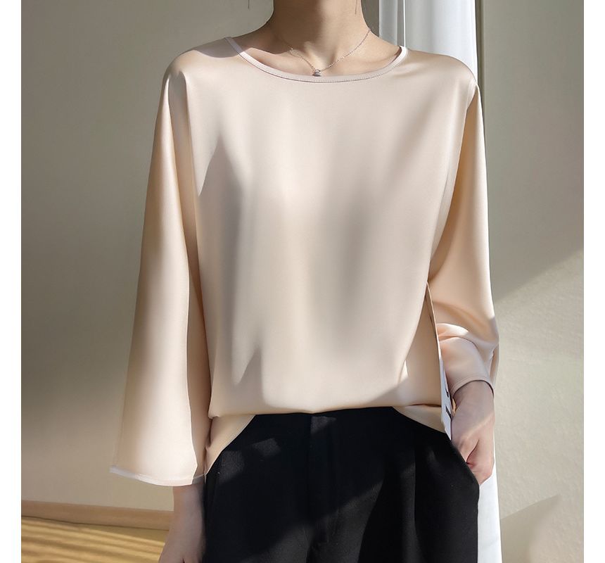 3/4-Sleeve Crew Neck Plain Blouse