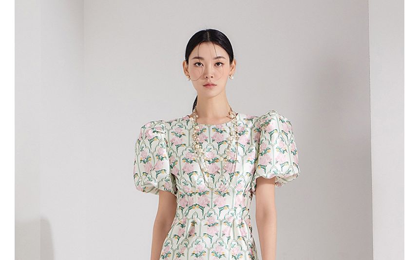 Puff-Sleeve Crew Neck Floral Midi Sheath Dress