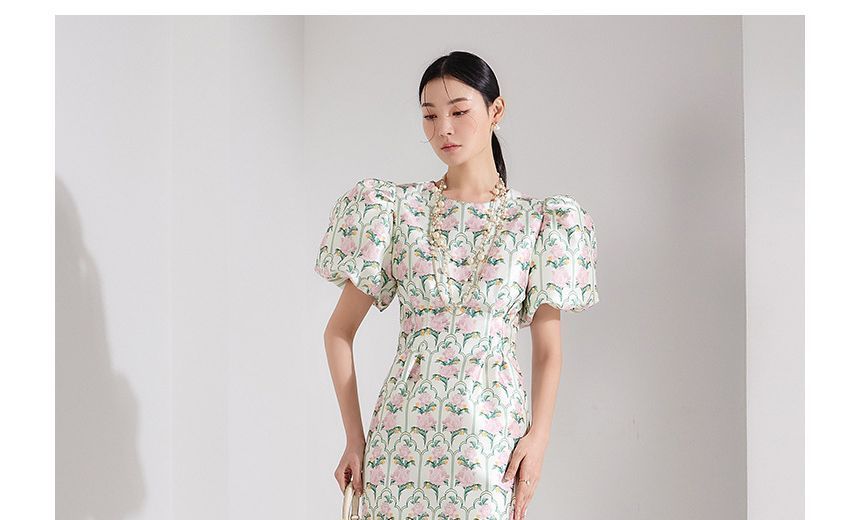 Puff-Sleeve Crew Neck Floral Midi Sheath Dress