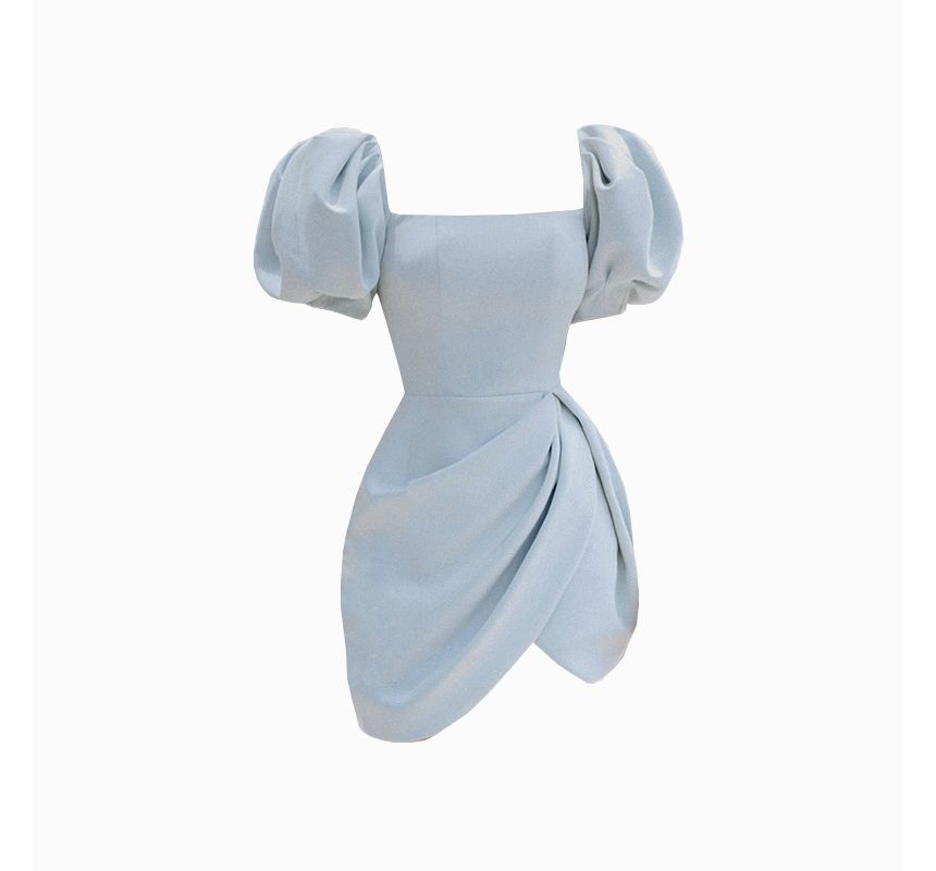 Puff-Sleeve Square Neck Plain Asymmetrical Mini Sheath Dress