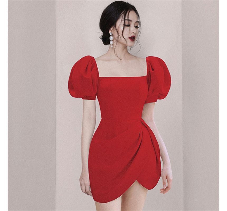 Puff-Sleeve Square Neck Plain Asymmetrical Mini Sheath Dress