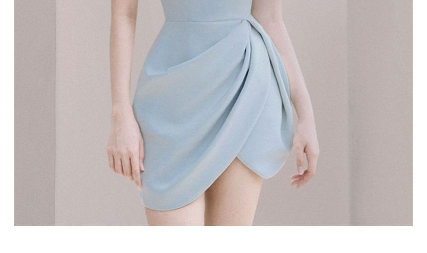 Puff-Sleeve Square Neck Plain Asymmetrical Mini Sheath Dress