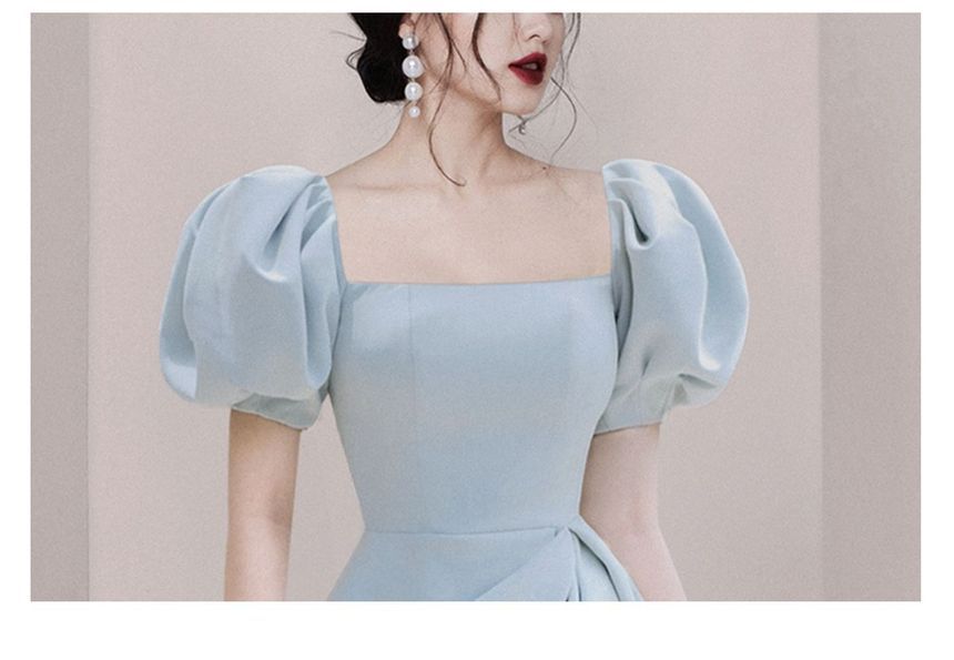 Puff-Sleeve Square Neck Plain Asymmetrical Mini Sheath Dress