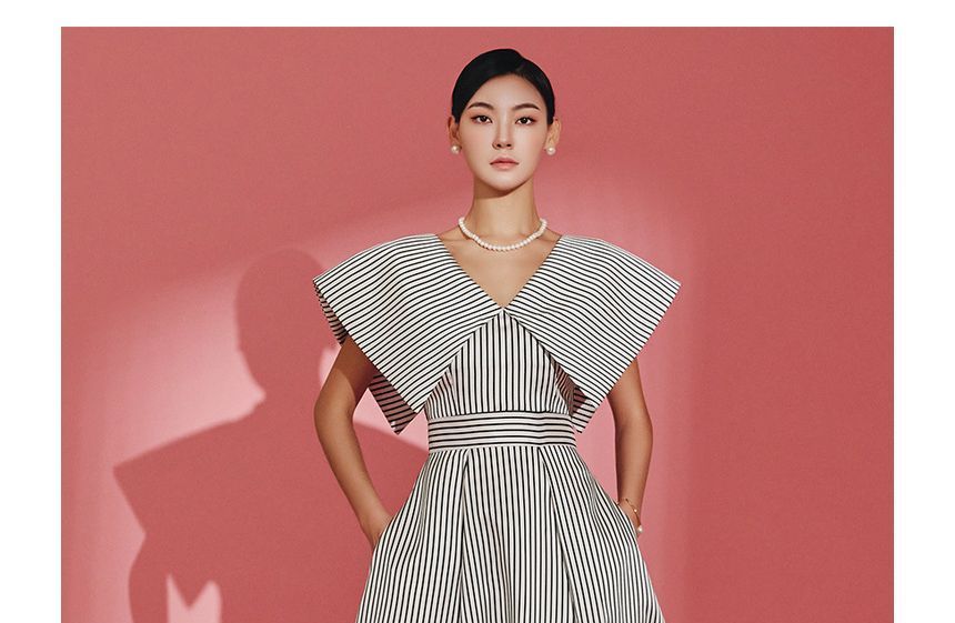 Short-Sleeve V-Neck Striped Maxi A-Line Dress