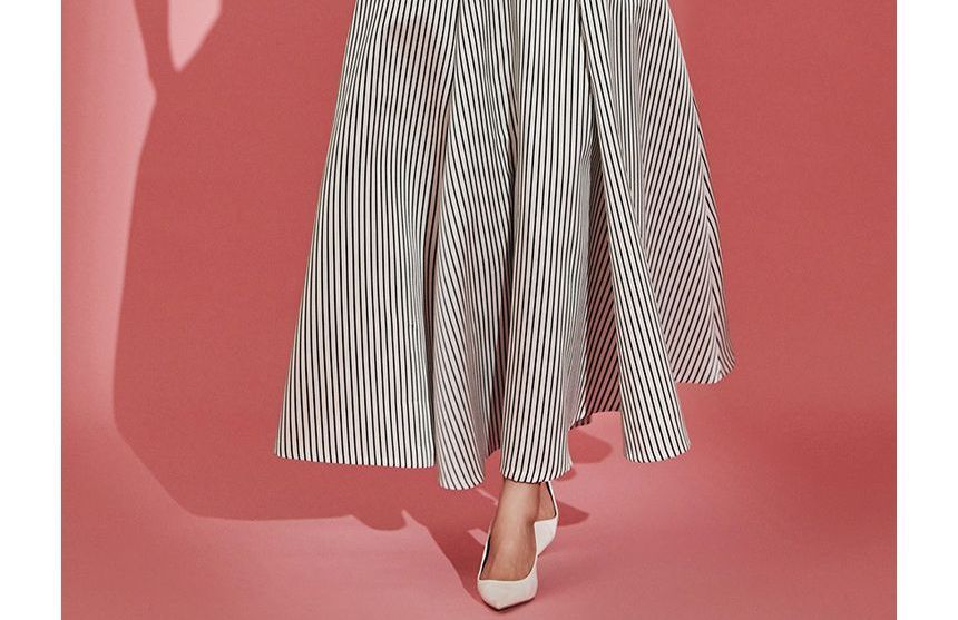 Short-Sleeve V-Neck Striped Maxi A-Line Dress