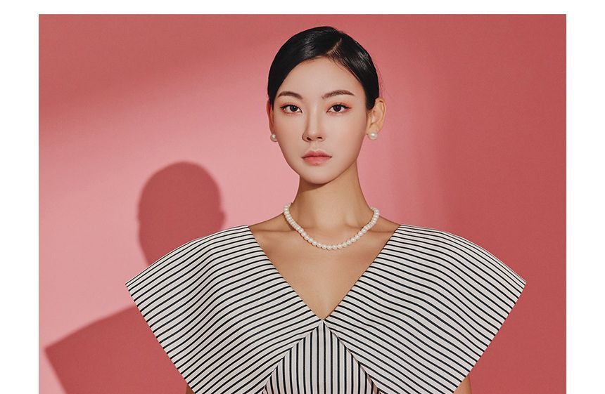 Short-Sleeve V-Neck Striped Maxi A-Line Dress