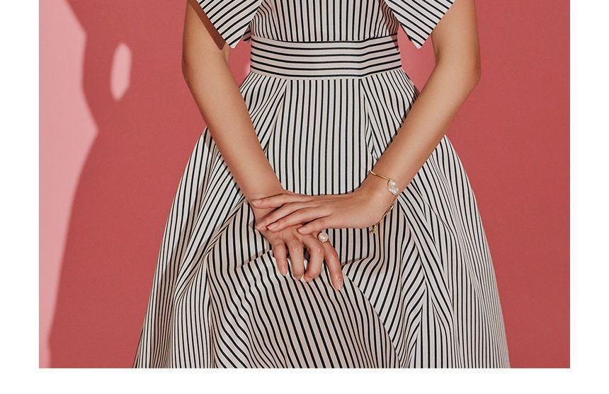 Short-Sleeve V-Neck Striped Maxi A-Line Dress