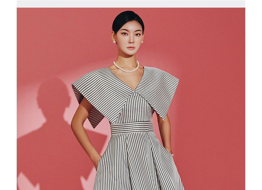 Short-Sleeve V-Neck Striped Maxi A-Line Dress