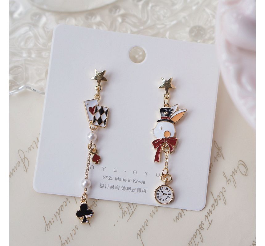 Poker Earring Clip Enamel Asymmetrical Drop / On Rabbit