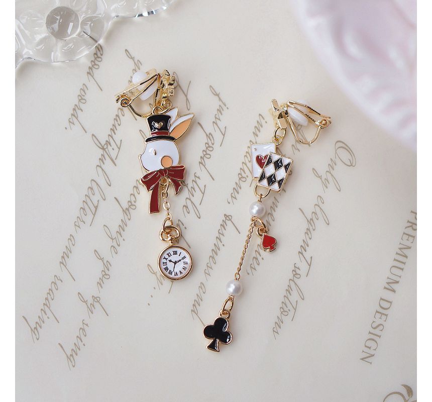 Poker Earring Clip Enamel Asymmetrical Drop / On Rabbit