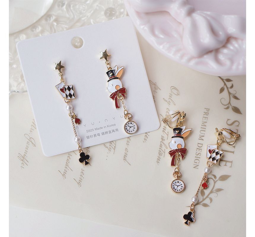 Poker Earring Clip Enamel Asymmetrical Drop / On Rabbit