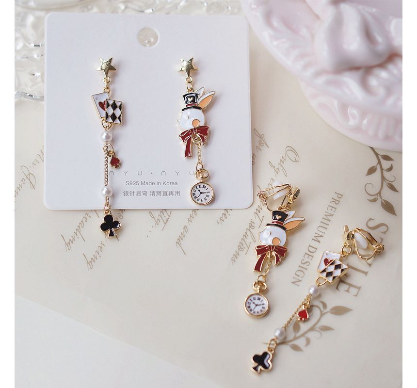 Poker Earring Clip Enamel Asymmetrical Drop / On Rabbit