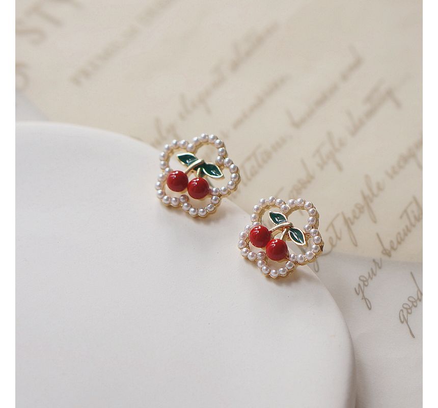 Earring Cherry / Clip Flower Faux Stud Pearl On