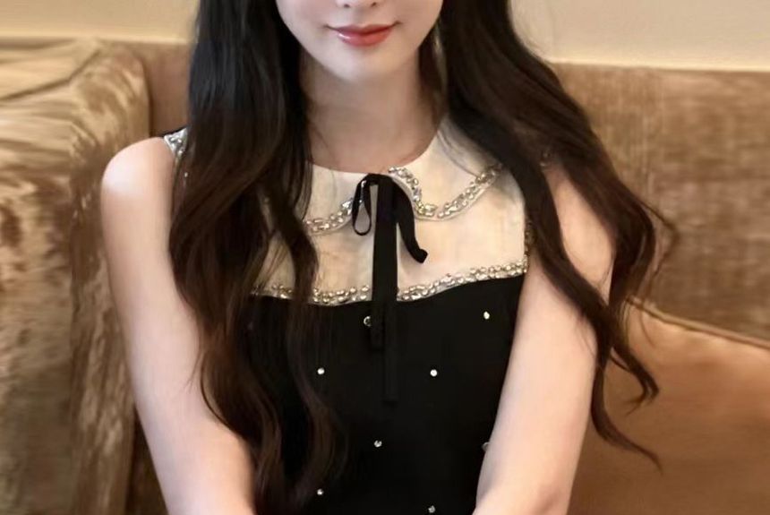 Sleeveless Collar Two Tone Bow Rhinestone Mini A-Line Dress