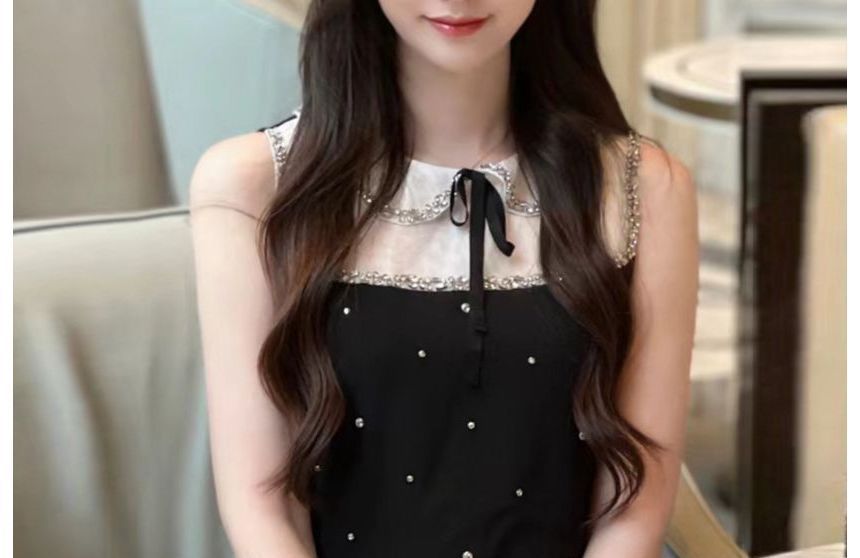 Sleeveless Collar Two Tone Bow Rhinestone Mini A-Line Dress