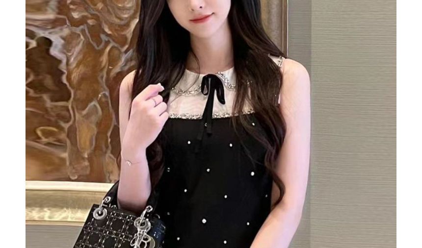 Sleeveless Collar Two Tone Bow Rhinestone Mini A-Line Dress