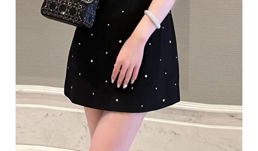 Sleeveless Collar Two Tone Bow Rhinestone Mini A-Line Dress