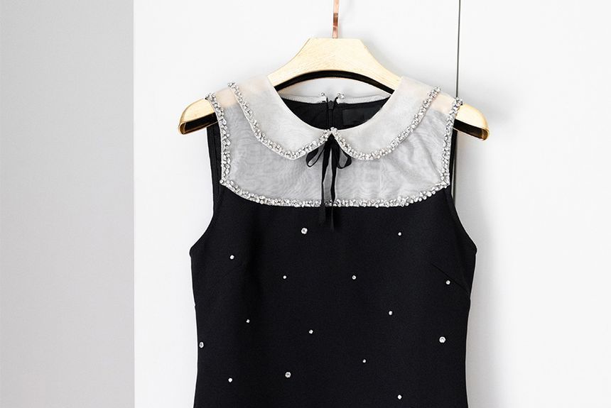 Sleeveless Collar Two Tone Bow Rhinestone Mini A-Line Dress