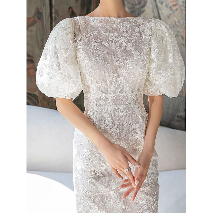 Puff-Sleeve Boat Neck Lace Midi Sheath Dress