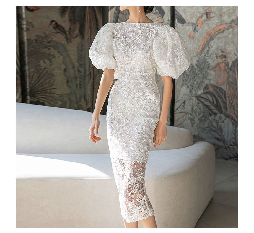 Puff-Sleeve Boat Neck Lace Midi Sheath Dress