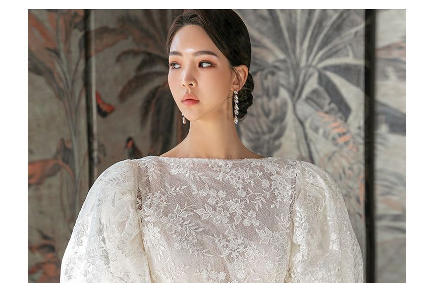 Puff-Sleeve Boat Neck Lace Midi Sheath Dress