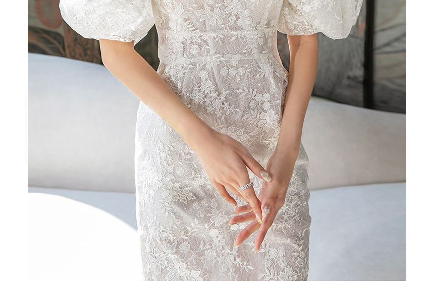 Puff-Sleeve Boat Neck Lace Midi Sheath Dress