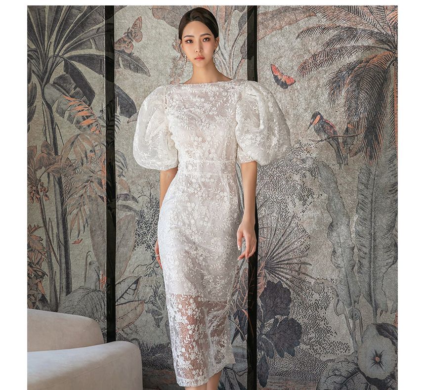 Puff-Sleeve Boat Neck Lace Midi Sheath Dress