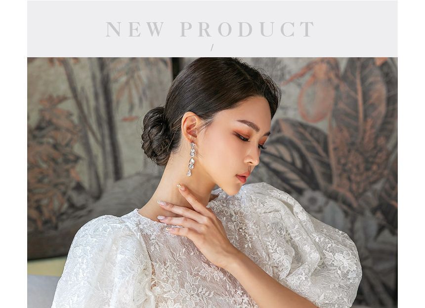 Puff-Sleeve Boat Neck Lace Midi Sheath Dress