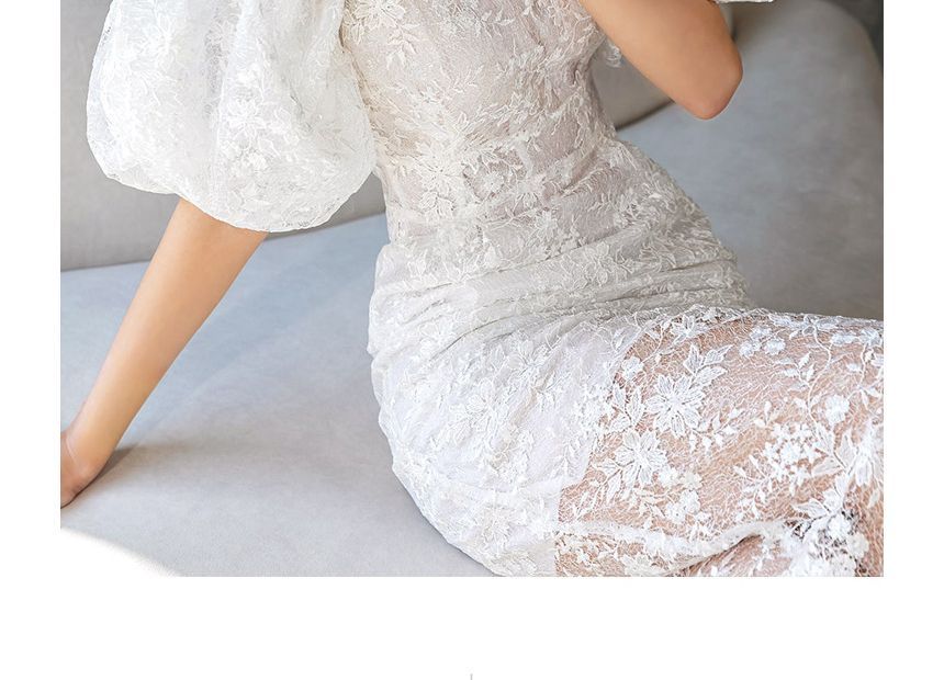 Puff-Sleeve Boat Neck Lace Midi Sheath Dress