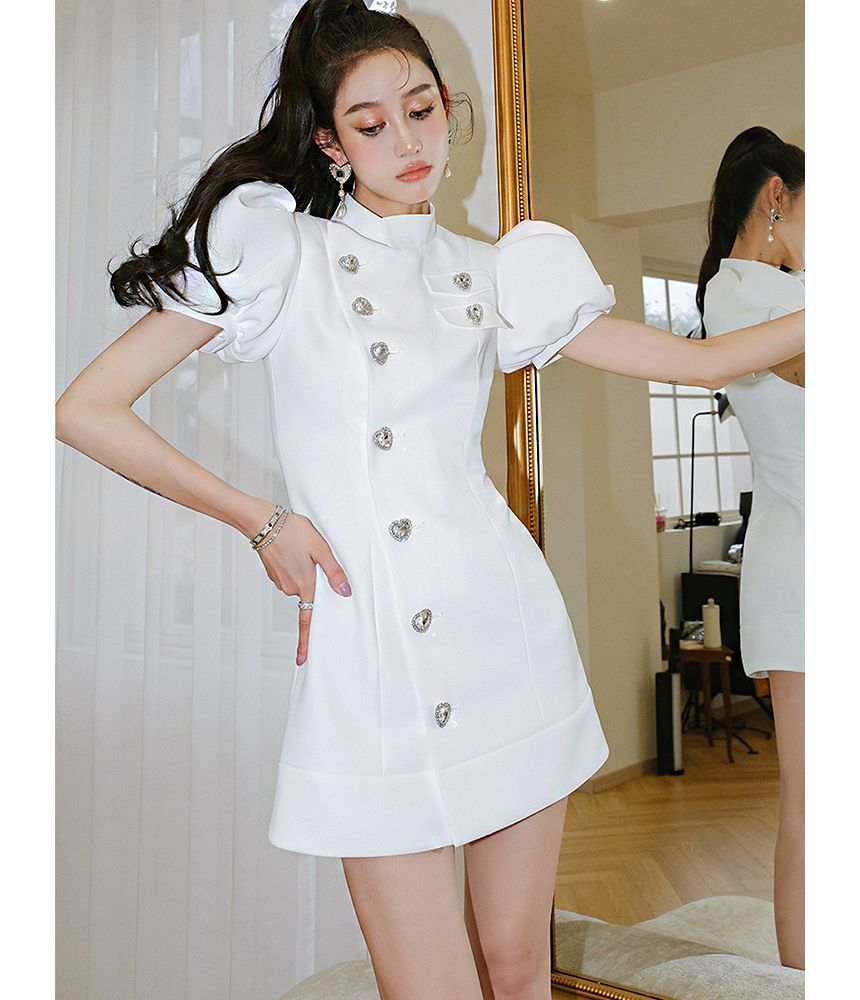 Puff Sleeve Stand Collar Plain Heart Button Mini A-Line Dress