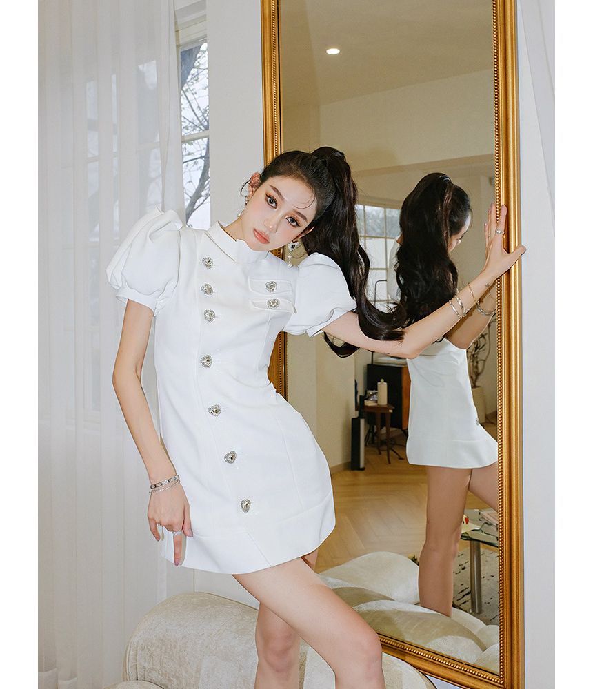 Puff Sleeve Stand Collar Plain Heart Button Mini A-Line Dress