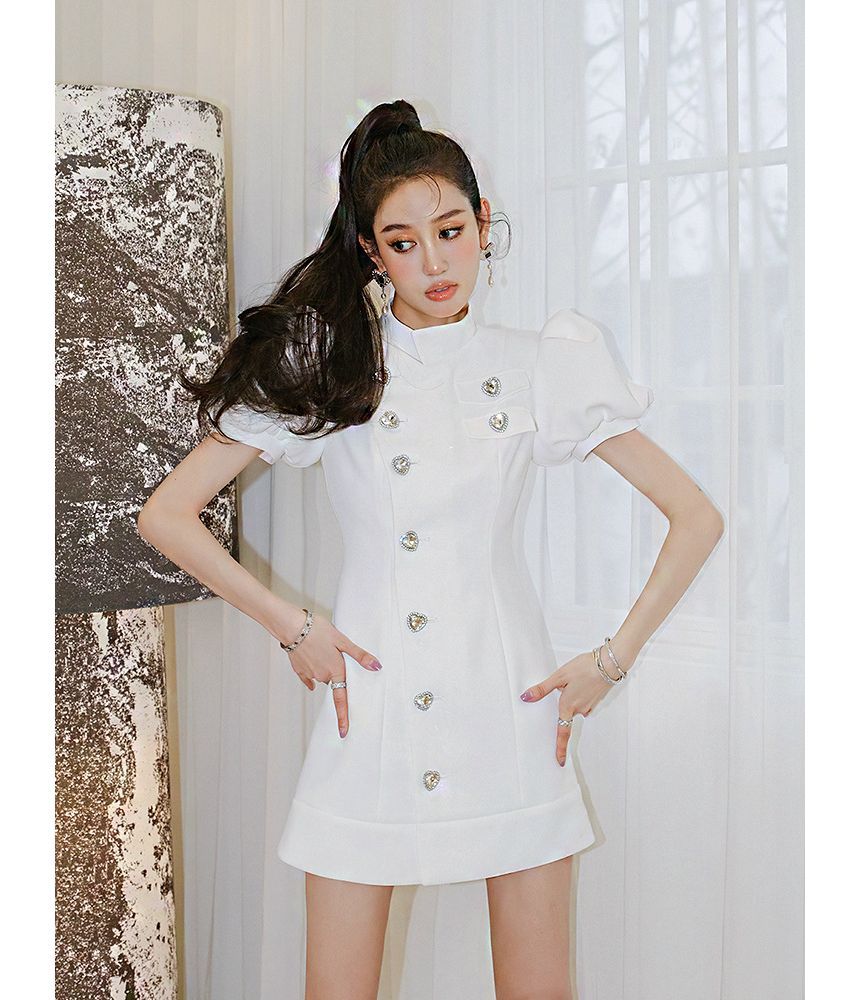Puff Sleeve Stand Collar Plain Heart Button Mini A-Line Dress