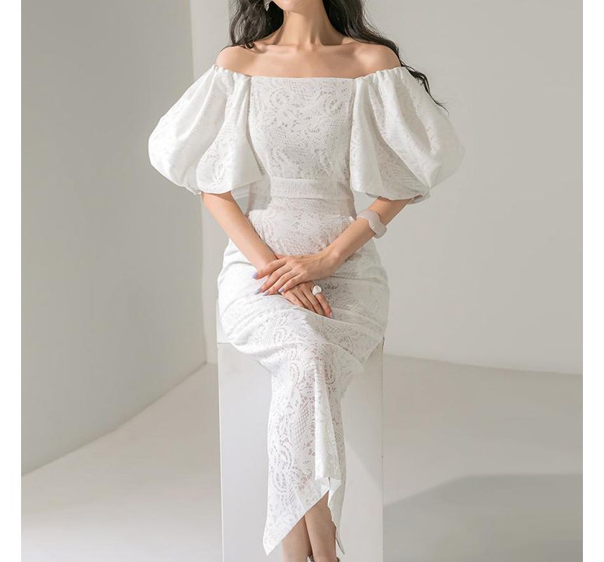 Puff Sleeve Off Shoulder Plain Lace Midi Sheath Dress