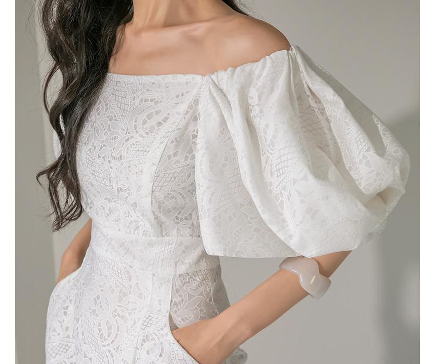 Puff Sleeve Off Shoulder Plain Lace Midi Sheath Dress