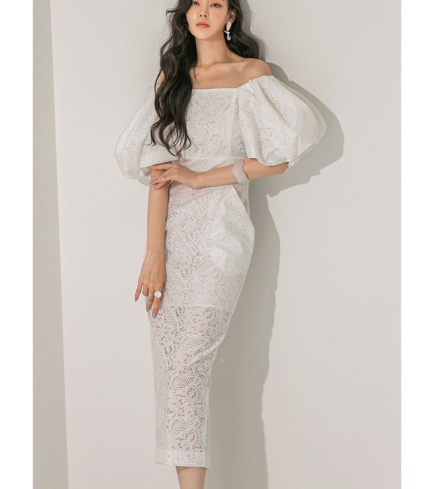 Puff Sleeve Off Shoulder Plain Lace Midi Sheath Dress