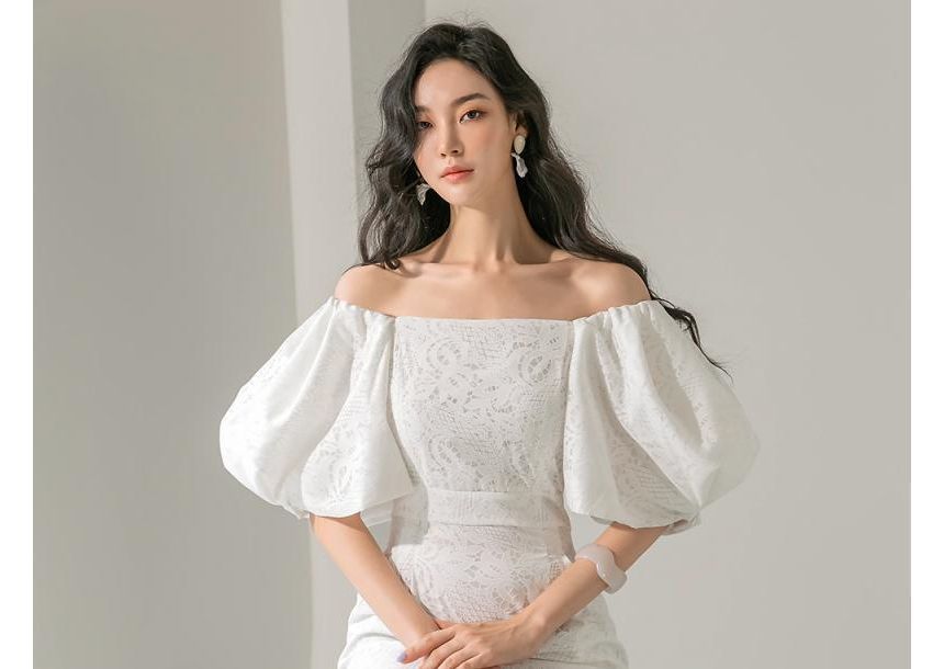 Puff Sleeve Off Shoulder Plain Lace Midi Sheath Dress