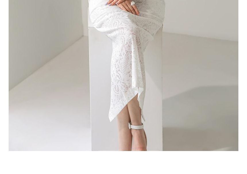 Puff Sleeve Off Shoulder Plain Lace Midi Sheath Dress