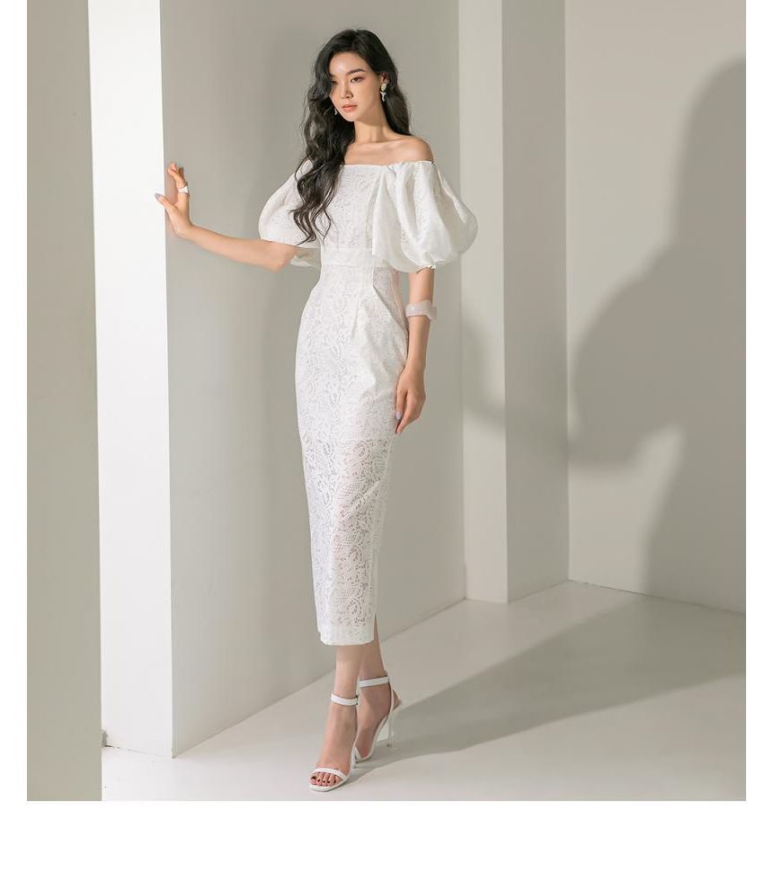 Puff Sleeve Off Shoulder Plain Lace Midi Sheath Dress