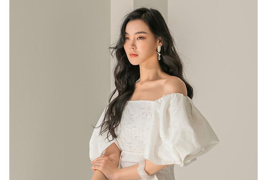 Puff Sleeve Off Shoulder Plain Lace Midi Sheath Dress