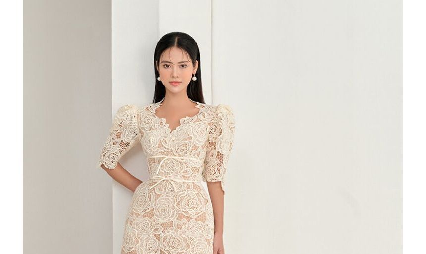 Short-Sleeve V-Neck Bow Lace Midi A-Line Dress