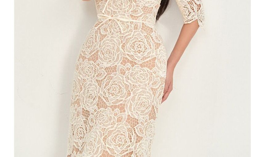 Short-Sleeve V-Neck Bow Lace Midi A-Line Dress