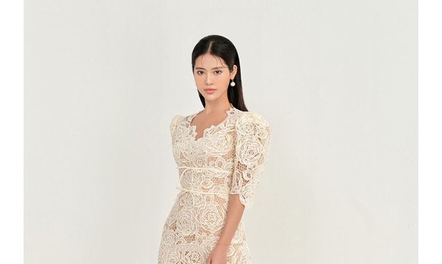 Short-Sleeve V-Neck Bow Lace Midi A-Line Dress