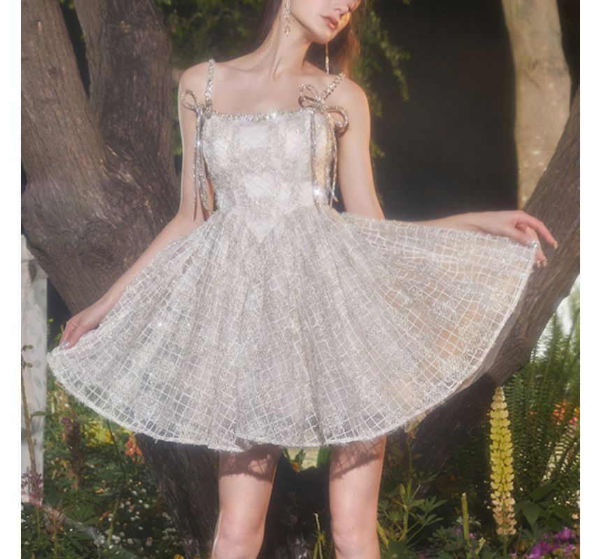 Spaghetti Strap Embroidered Glitter Mini A-Line Party Dress