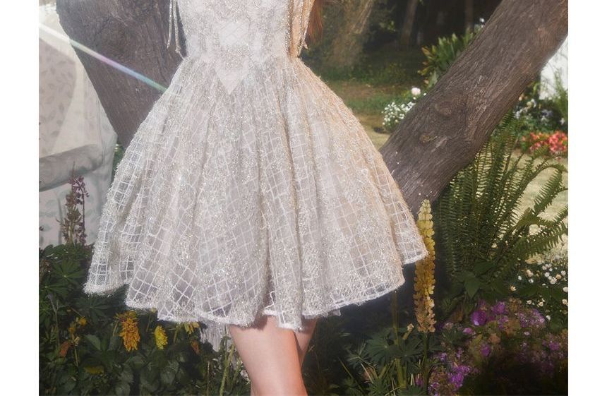 Spaghetti Strap Embroidered Glitter Mini A-Line Party Dress